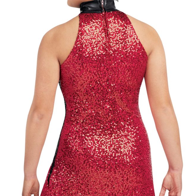 custom red sparkly halter top dress color guard uniform back view on model