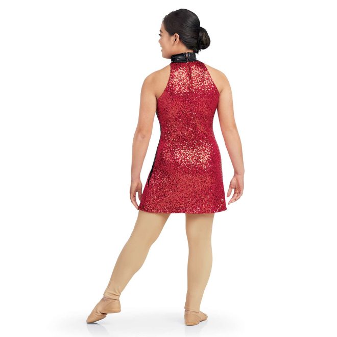 custom red sparkly halter top dress color guard uniform back view on model