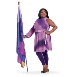 Custom guard one sleeve tunic. Purple ombre tunic with dark purple pants front view holding purple flag