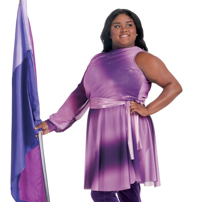 Custom guard one sleeve tunic. Purple ombre tunic with dark purple pants front view holding purple flag