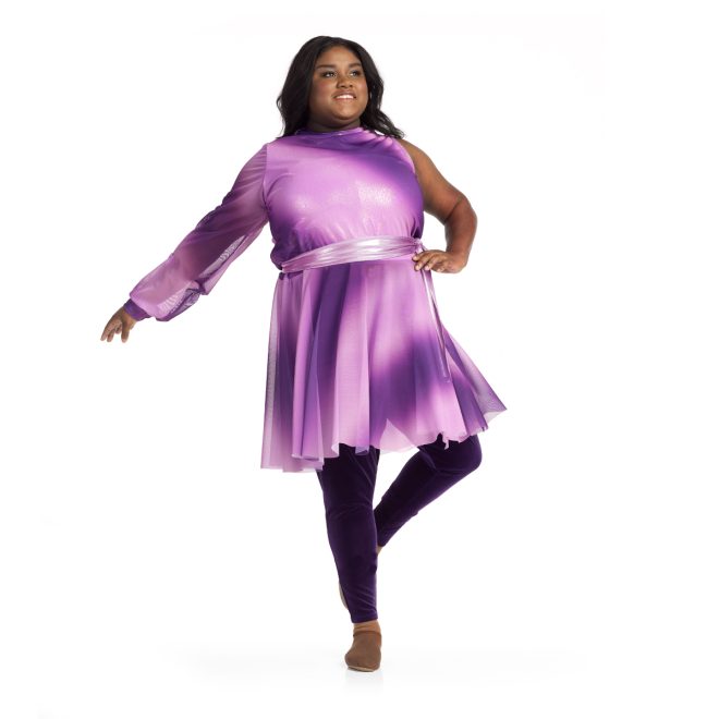 Custom guard one sleeve tunic. Purple ombre tunic with dark purple pants front view