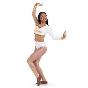 Custom long sleeve pant less majorette unitard. One white sleeve one tan mesh sleeve with rhinestones. White top, tan mesh waist with rhinestones, white bottom, sequin gold trim. Front view
