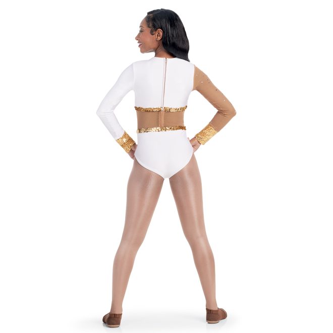 Custom long sleeve pant less majorette unitard. One white sleeve one tan mesh sleeve. White top, tan mesh waist, white bottom, sequin gold trim. Back view