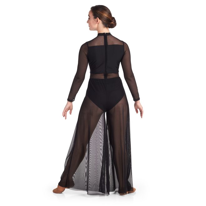 Custom black and mesh long sleeve pantless color guard unitard with black mesh pants over back view