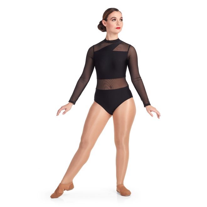 Custom black and mesh long sleeve pantless color guard unitard front view