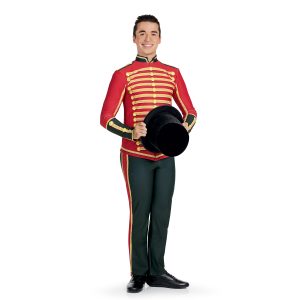 Custom color guard percussion top pant. Red top with tan rope detailing and navy trim. Grey pants with stripe of red on sides line with tan rope. Front view holding top hat