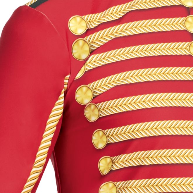 Custom color guard percussion top pant. Red top with tan rope detailing and grey trim. Front view close up