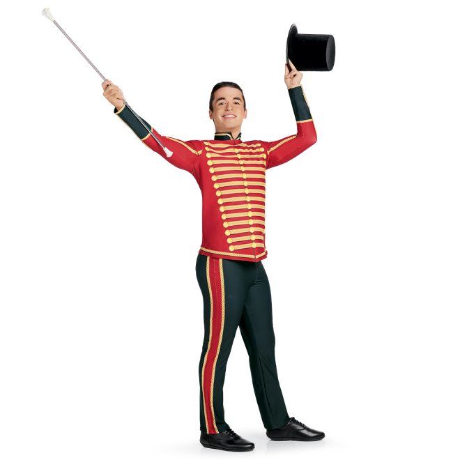 Custom color guard percussion top pant. Red top with tan rope detailing and navy trim. Grey pants with stripe of red on sides line with tan rope. Front view holding mace and top hat
