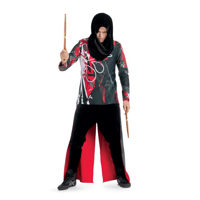 Custom percussion uniform. Grey, red and black tunic with floor length pieces in back and black cowl hood front view