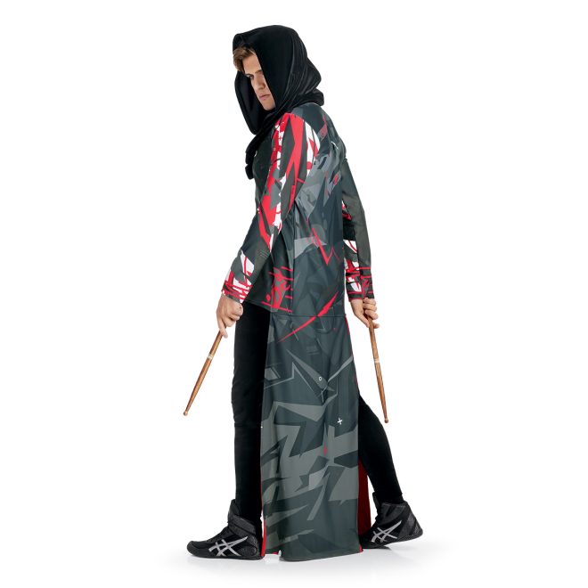 Custom percussion uniform. Grey, red and black tunic with floor length pieces in back and black cowl hood back view