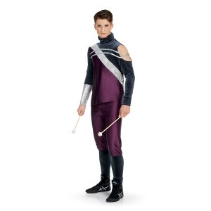 Custom percussion uniform. Maroon and navy top with silver stripes. Maroon pants with navy below knee. Front view