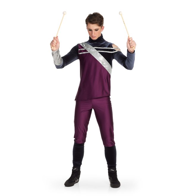 Custom percussion uniform. Maroon and navy top with silver stripes. Maroon pants with navy below knee. Front view