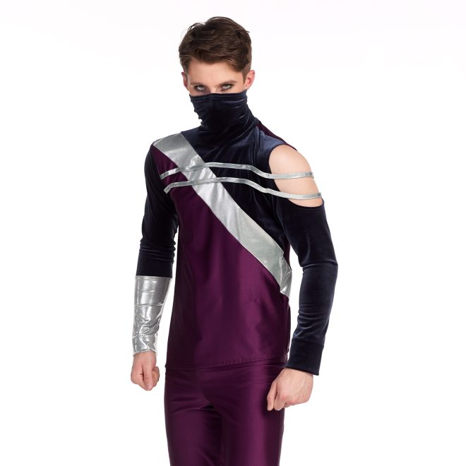 Custom percussion uniform. Maroon and navy top with silver stripes. Maroon pants with navy below knee. Front view