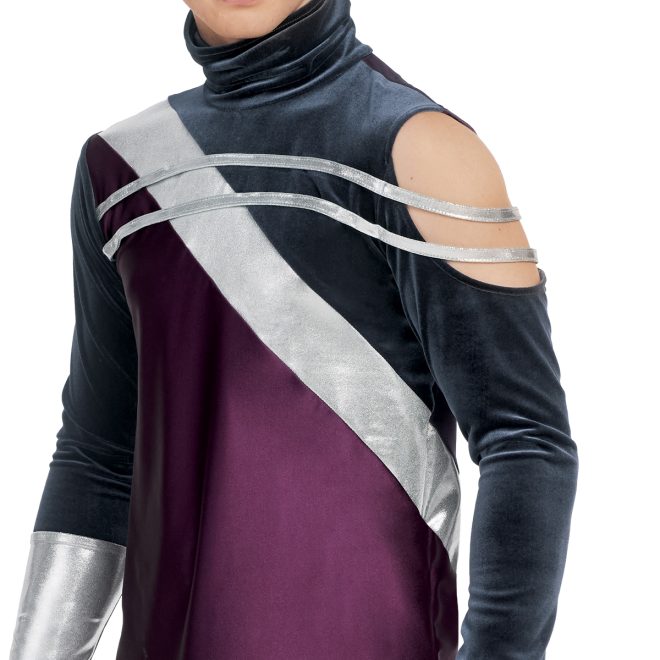 Custom percussion uniform. Maroon and navy top with silver stripes. Maroon pants with navy below knee. Front view