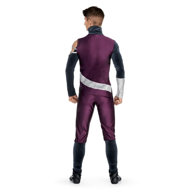 Custom percussion uniform. Maroon and navy top with silver stripes. Maroon pants with navy below knee. Back view