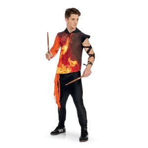 Custom one sleeve percussion uniform. Orange, red and black fire pattern with orange drop off right hip and sequin orange sleeve. Front view
