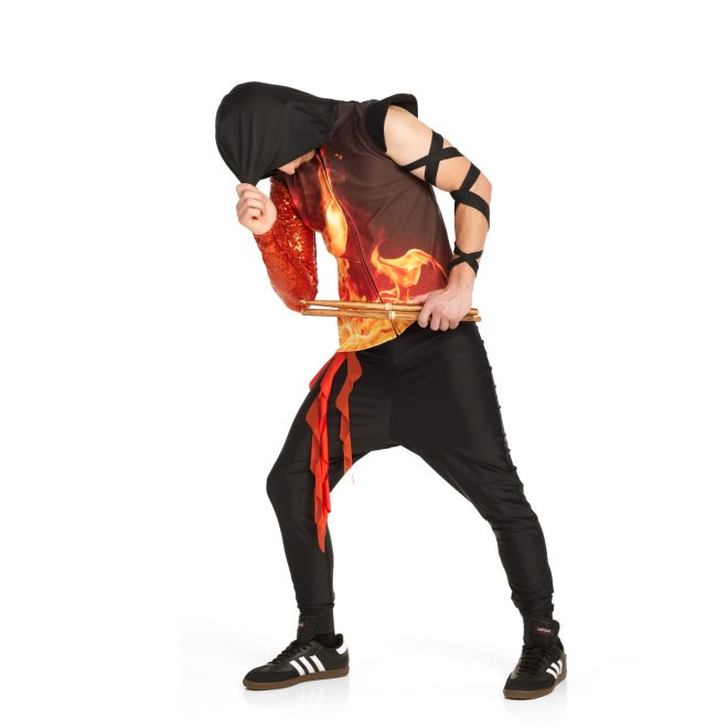 Custom one sleeve percussion uniform. Orange, red and black fire pattern with orange drop off right hip and sequin orange sleeve. Front view with black hood