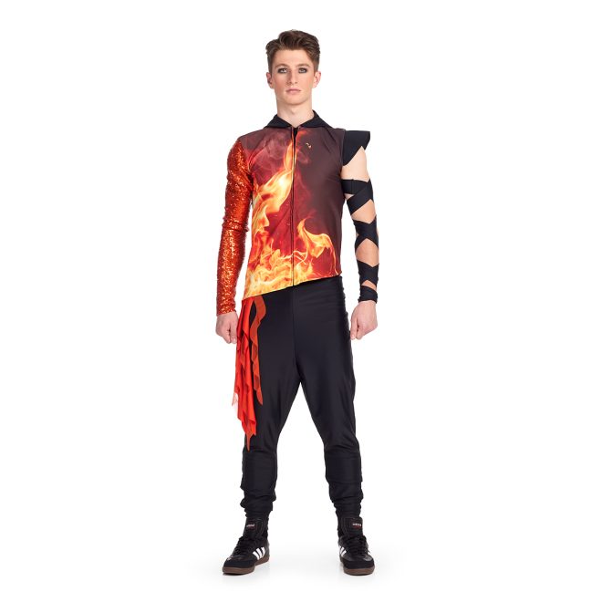 Custom one sleeve percussion uniform. Orange, red and black fire pattern with orange drop off right hip and sequin orange sleeve. Front view