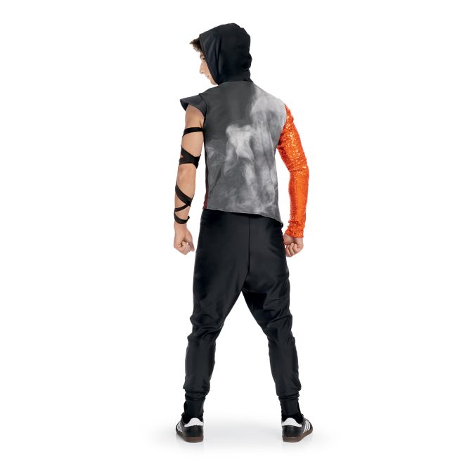 Custom one sleeve percussion uniform. Black and grey smoke with one sequin orange sleeve and black hood. Back view