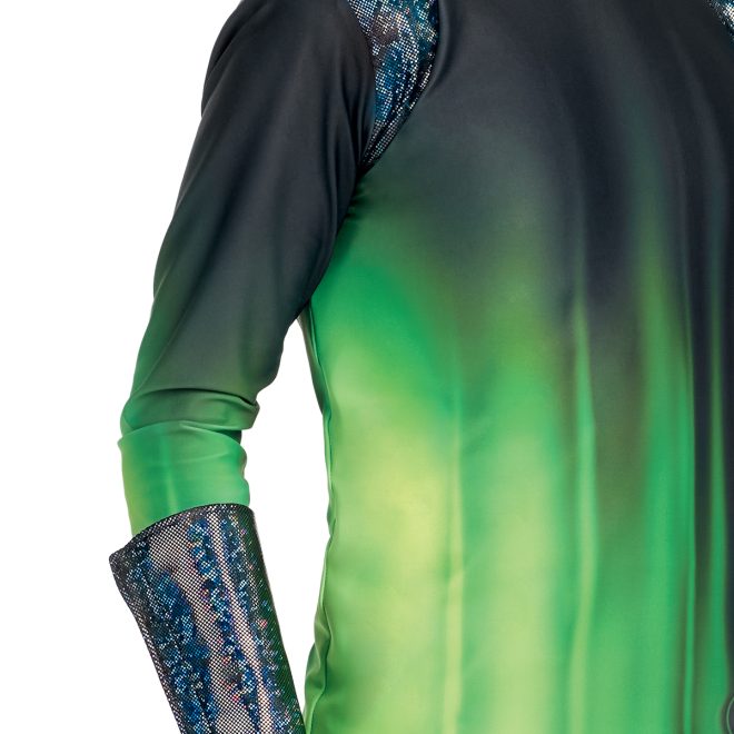 Custom percussion uniform. Green and black ombre top with teal and black shoulders and gauntlets. Front view