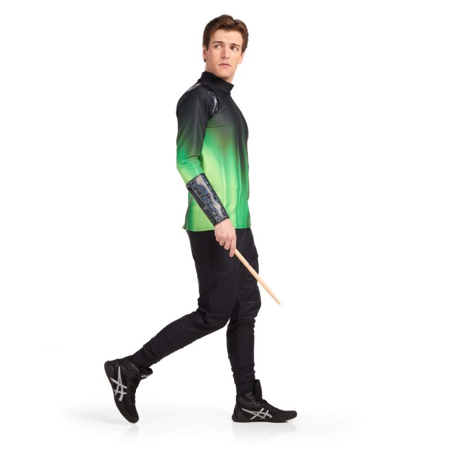 Custom percussion uniform. Green and black ombre top with teal and black shoulders and gauntlets. Front view
