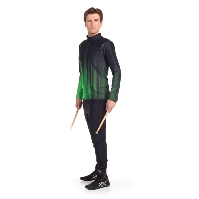 Custom percussion uniform. Green and black ombre top with teal and black shoulders. Front view