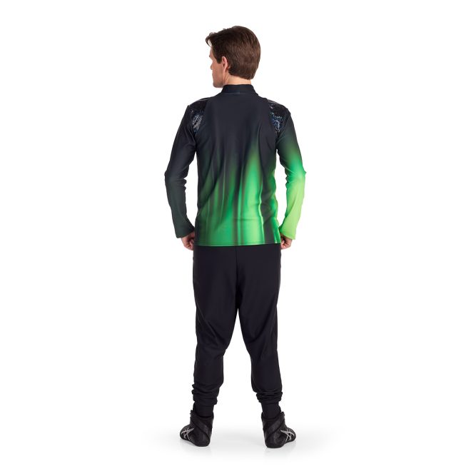 Custom percussion uniform. Green and black ombre top with teal and black shoulders. Back view