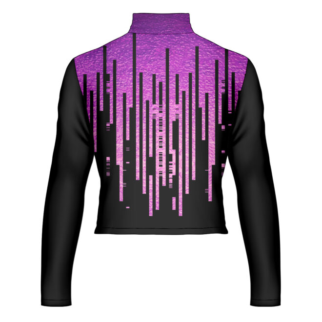 illustration of a custom abstract geometric city-scape design in black with shades of purple marching top front view