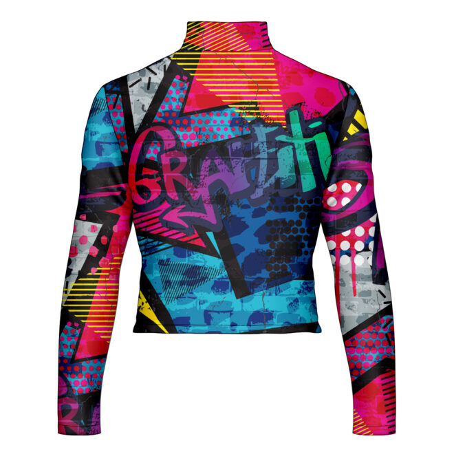 custom marching jacket printed with colorful graffiti with geometric shapes and grunge, front view