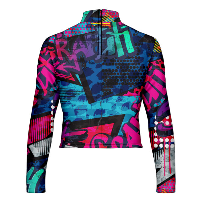 custom marching jacket printed with colorful graffiti with geometric shapes and grunge, back view