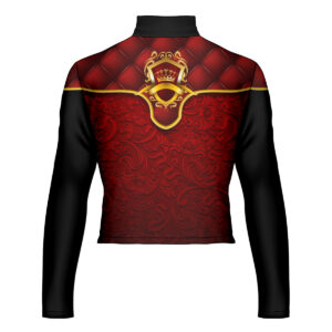 maroon, black and gold custom marching band top printed with faux quilting and a coat-of-arms on the chest and floral filigree below, front view
