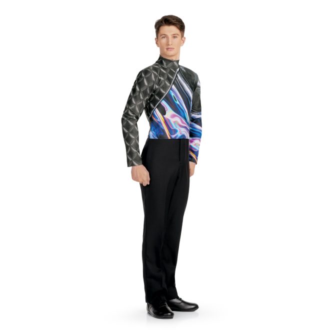 Custom black quilted right sleeve and colorful marble body and left sleeve printed marching top front view