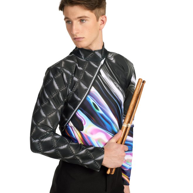 Custom black quilted right sleeve and colorful marble body and left sleeve printed marching top front view