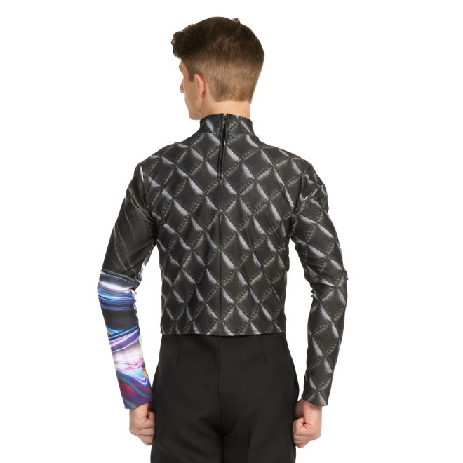 Custom black quilted printed marching top with colorful marble left sleeve back view