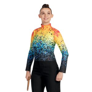 Custom rainbow with black splatter over printed marching top front view