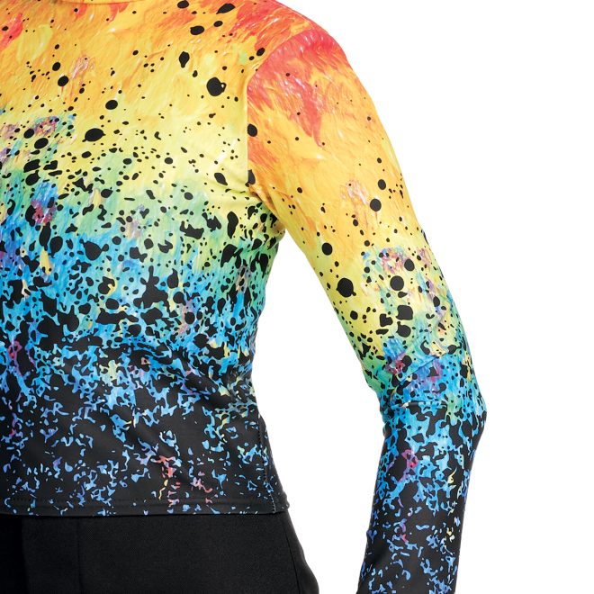 Custom rainbow with black splatter over printed marching top front view