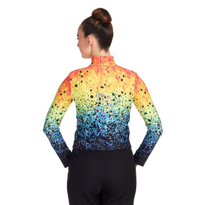 Custom rainbow with black splatter over printed marching top back view