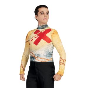 Custom tan map with large red X, blue waves, and brown rope printed marching top with black pants front view