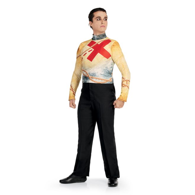 Custom tan map with large red X, blue waves, and brown rope printed marching top with black pants front view