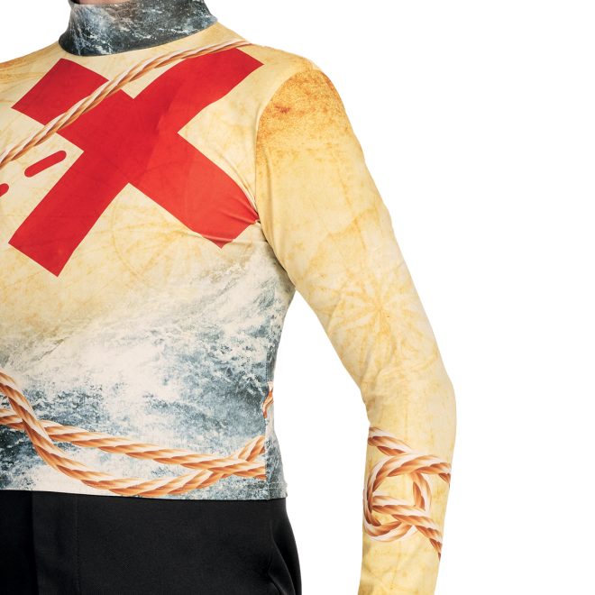 Custom tan map with large red X, blue waves, and brown rope printed marching top with black pants front view