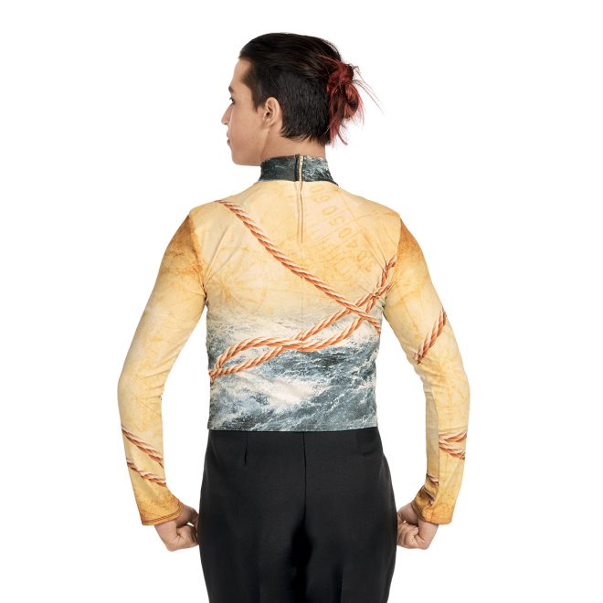 Custom tan map with blue waves, and brown rope printed marching top with black pants Back view