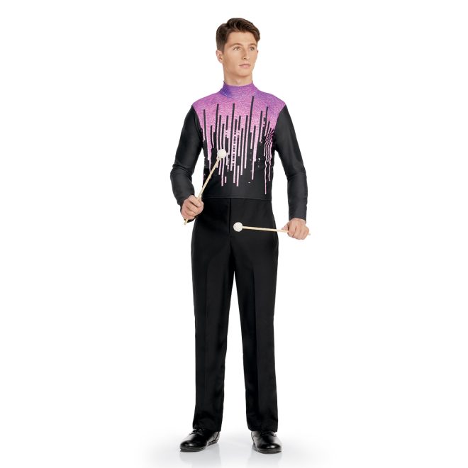 Custom purple and black printed marching top front view