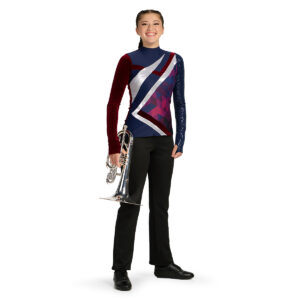 maroon, black, and silver custom long sleeve percussion top with performance stretch bibbers holding a mellophone, front right three-quarters view.
