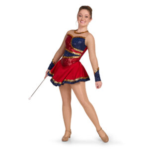 Red, navy, and gold short majorette dress with long sheer sleeves, Starlet baton, front left three-quarters view.