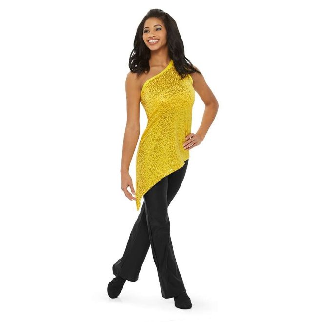 custom one shoulder yellow sequin asymmetric color guard uniform with black pants front view on model