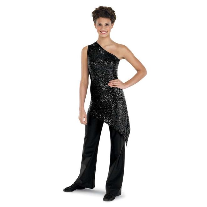 custom one shoulder black sequin asymmetric color guard uniform with black pants front view on model