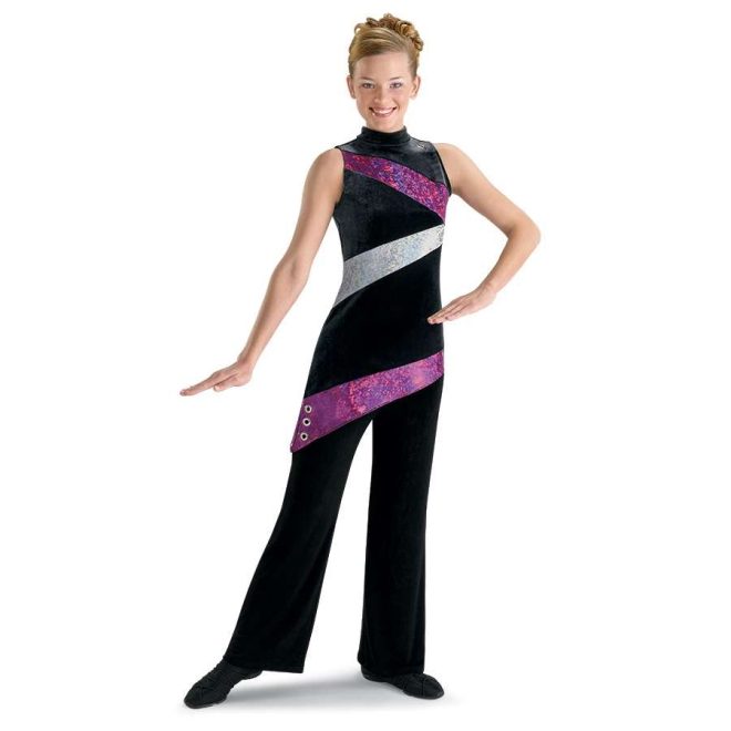 custom sleeveless asymmetric black, silver, and pink color guard uniform with black pants front view on model