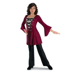 custom maroon 3/4 sleeve lace up color guard uniform with grey undershirt front view on model paired with black pants