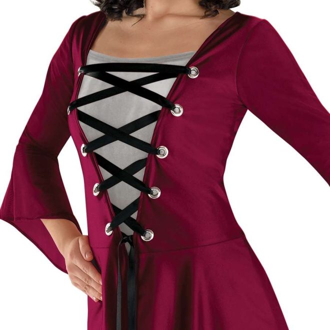 custom maroon 3/4 sleeve lace up color guard uniform with grey undershirt front view on model