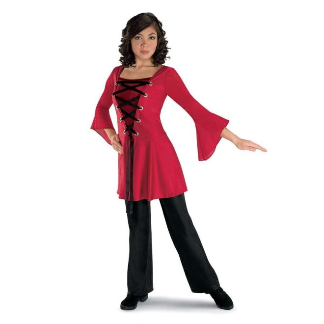 custom red 3/4 sleeve lace up color guard uniform with black pants front view on model. Little red ridding hood look